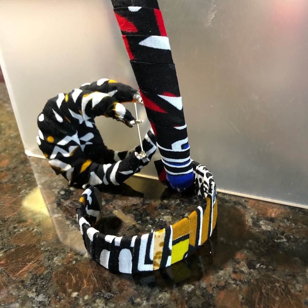 Womens Patterned Fabric Hoop Earrings - Black, White & Yellow